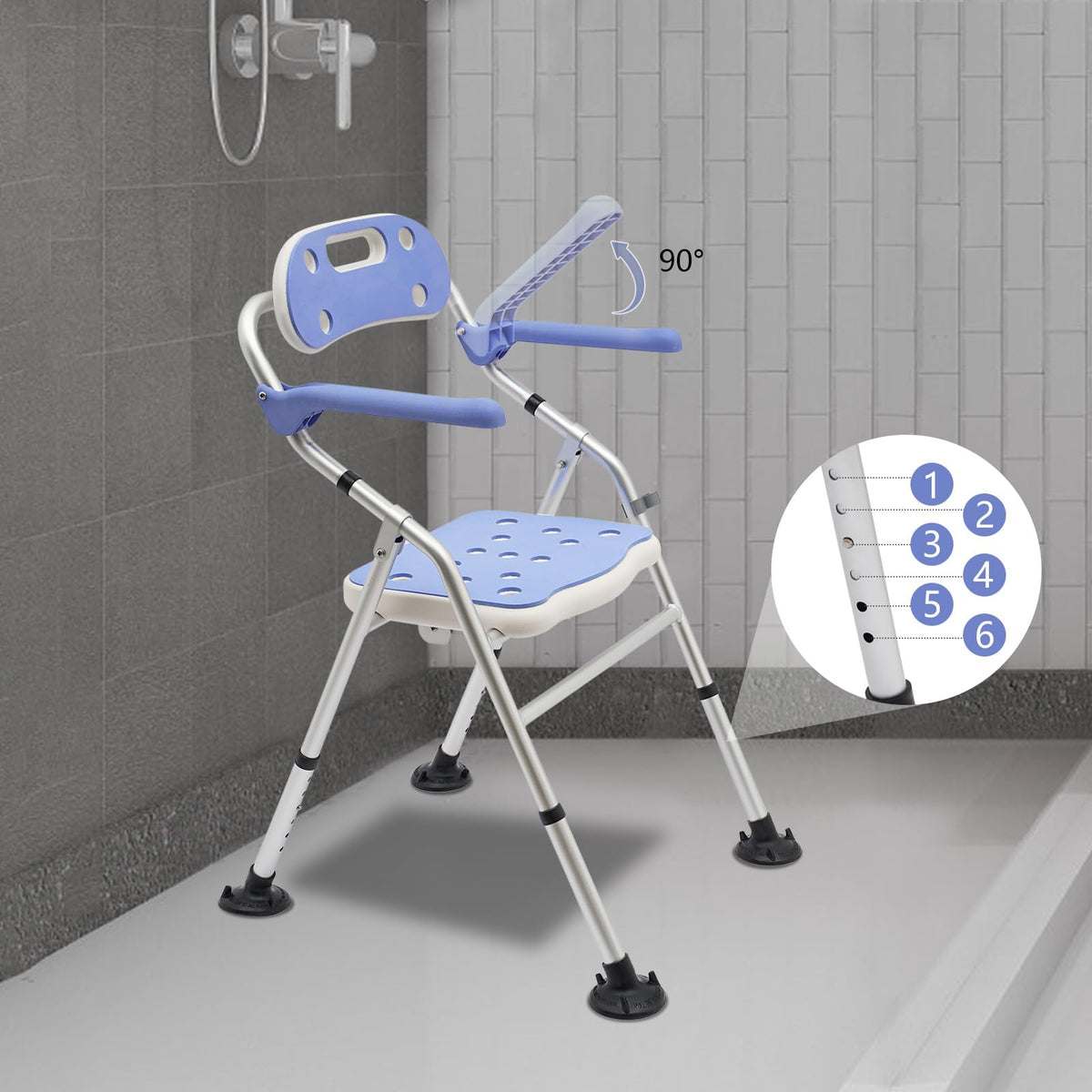 Folding Shower Seat with Arms and Back, Height Adjustable Non-Slip Bath Bench, 330lbs Capacity, Blue R324