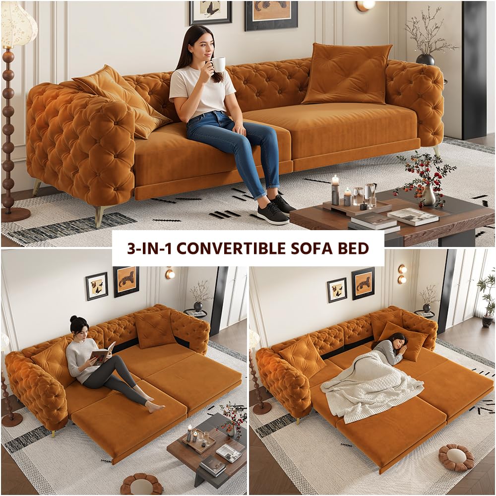 Orange Velvet Convertible Sleeper Sofa with Ottoman M373722
