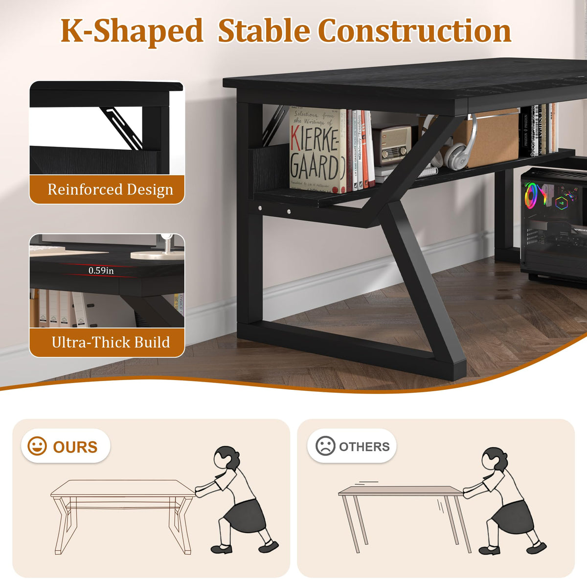47 inch Black Computer Desk with Storage Shelf P22467