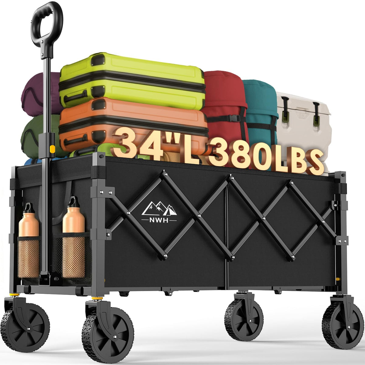 34'' Extra Long Collapsible Wagon, 380lbs Heavy Duty Utility Cart with All-Terrain Wheels B240