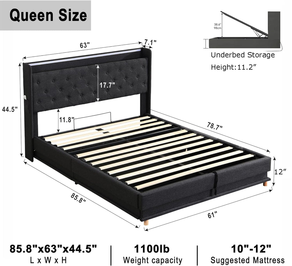 Queen Size Black Upholstered Lift Up Storage Bed Frame N352584