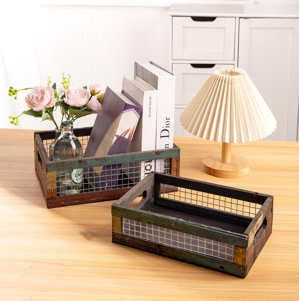 Set of 2 Rustic Wooden Nesting Baskets with Wire Mesh F582