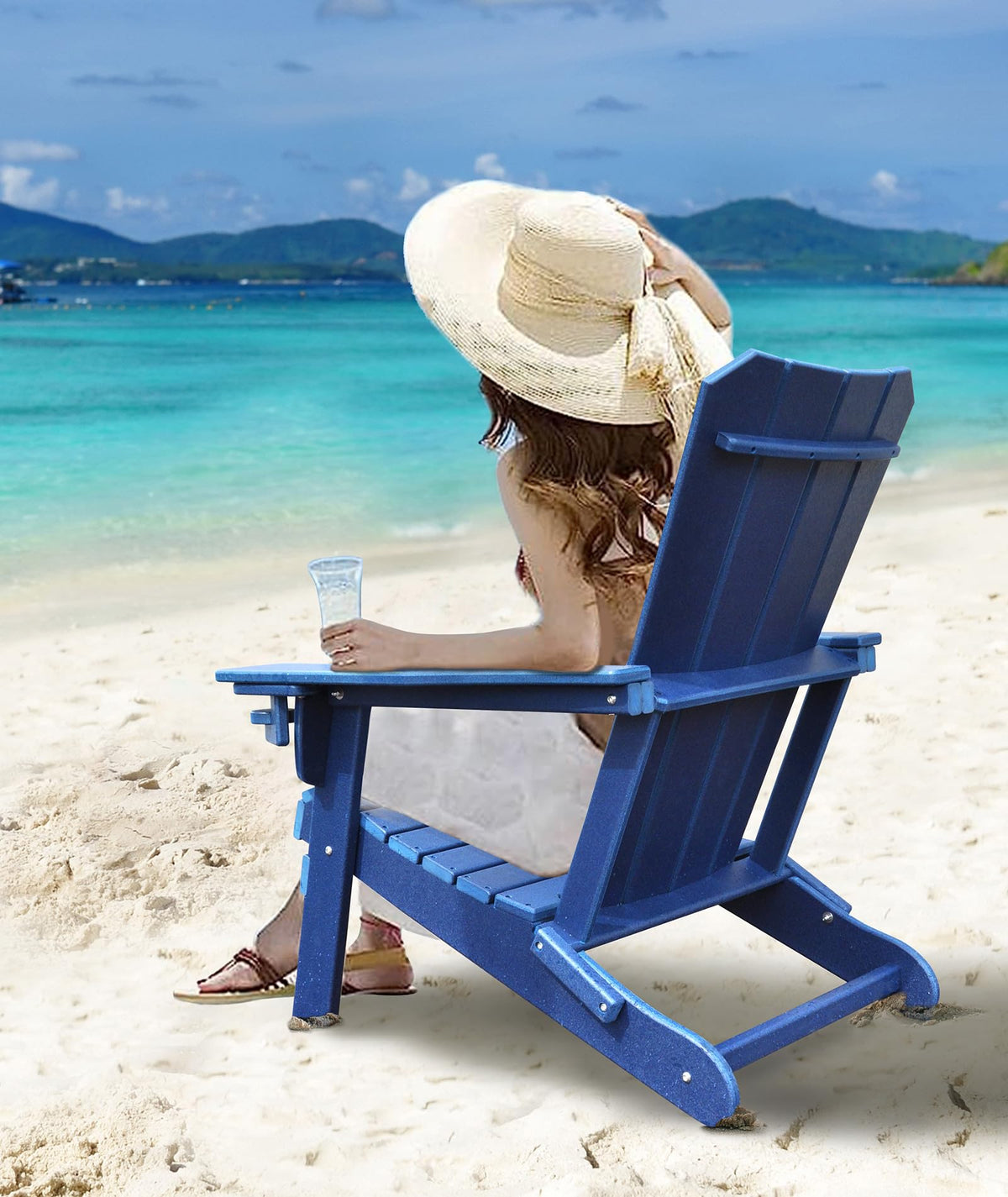 Oversized Folding HDPE Adirondack Chair with Cup Holder, Blue H401675