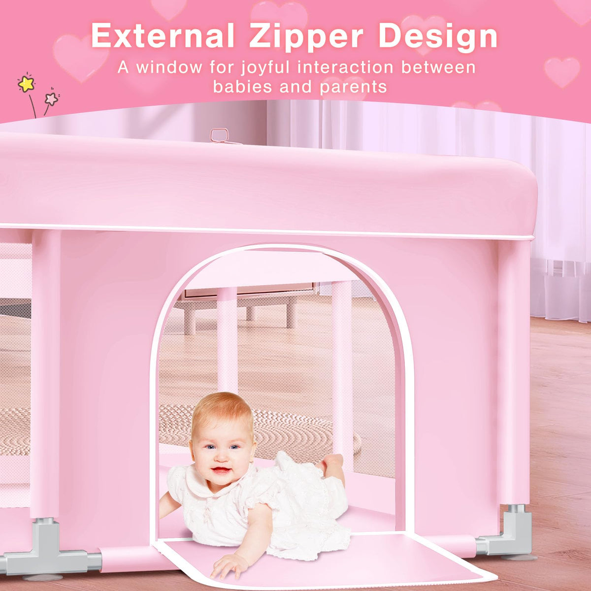 Pink Baby Playpen 74x50 Inches with Mesh U3305