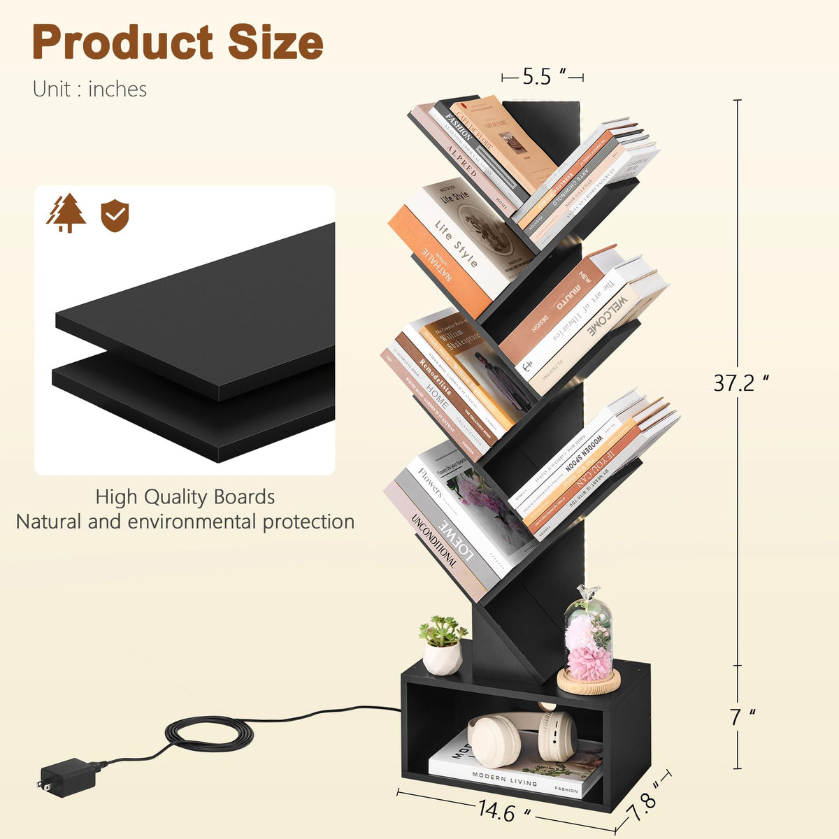 6 Tier Tree Bookshelf with Drawer and LED Lights Q678622
