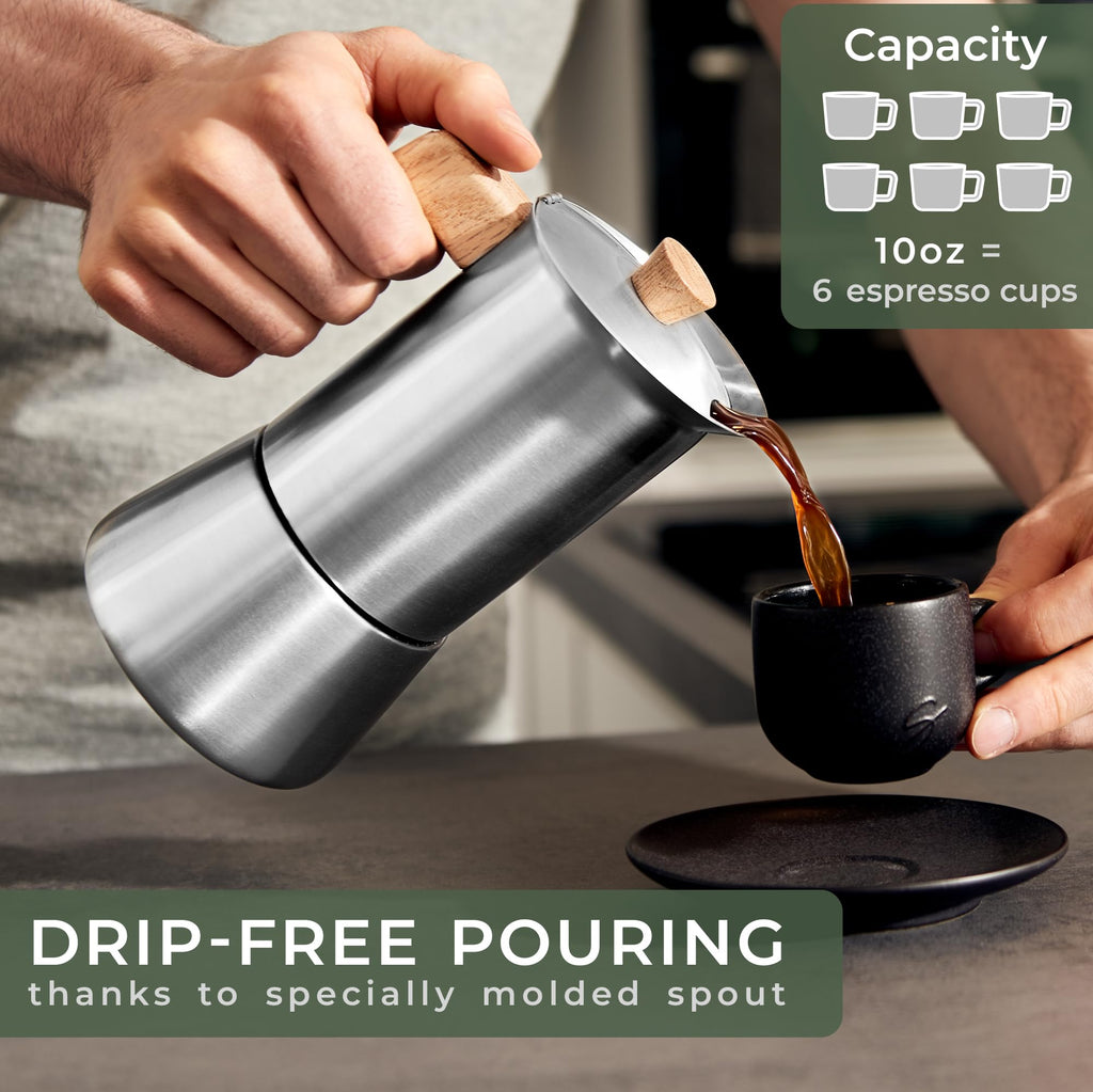 Stainless Steel Moka Pot 10oz Oak Wood Handle Stovetop Espresso Maker M737638