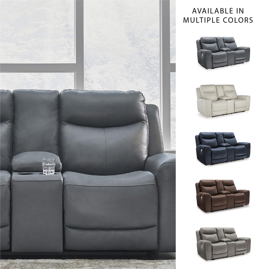 Gray Leather Match Power Reclining Loveseat with Console S1413