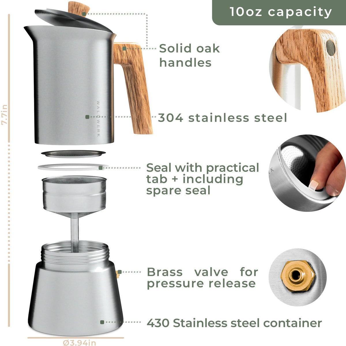 Stainless Steel Moka Pot 10oz Oak Wood Handle Stovetop Espresso Maker M737638