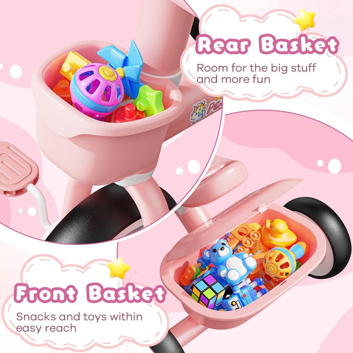 Pink Toddler Tricycle with Adjustable Seat and 2 Basket Q749505