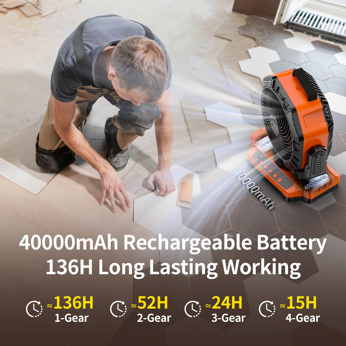 40000mAh Rechargeable Portable Camping Fan with Light & Timer D57367