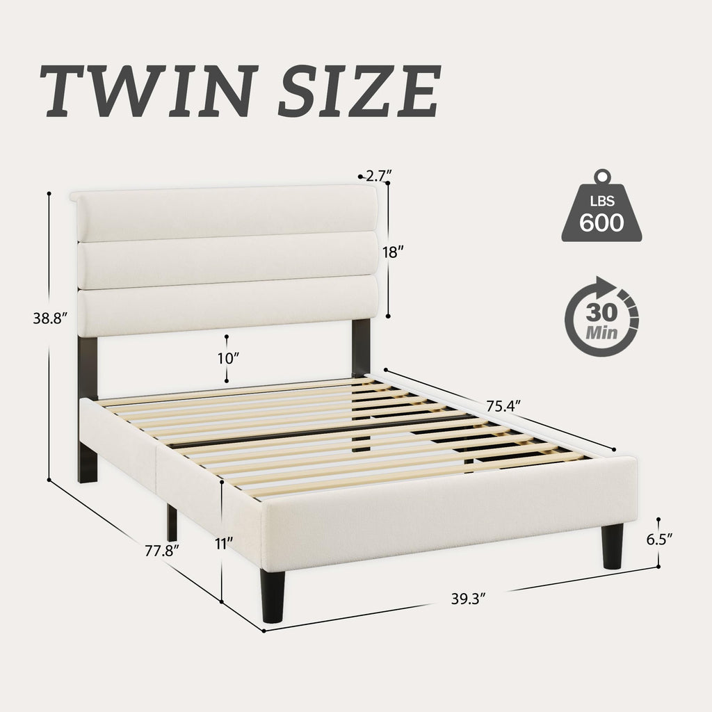 Beige Velvet Upholstered Twin Platform Bed Frame P20594