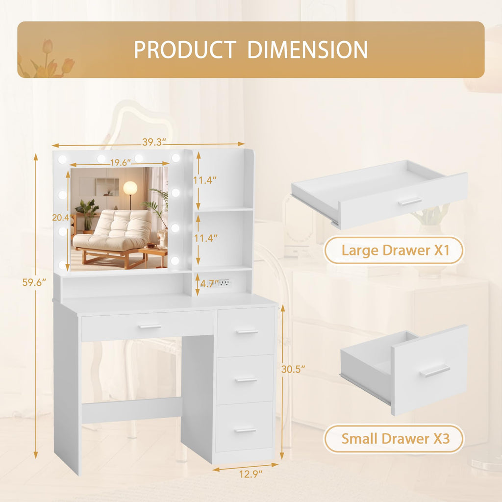 White Vanity Desk with Lighted Mirror and 4 Drawers T512413