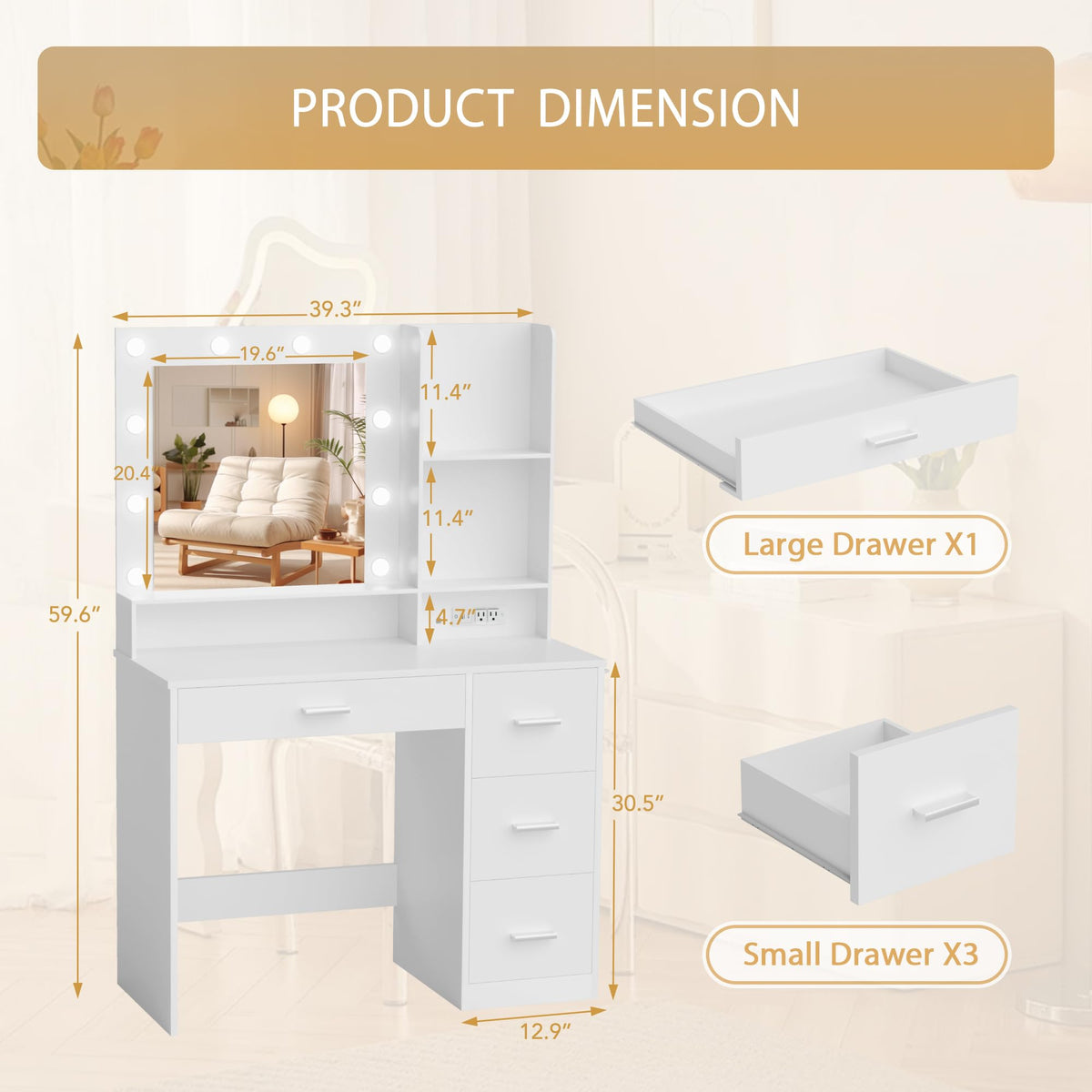 White Vanity Desk with Lighted Mirror and 4 Drawers T512413
