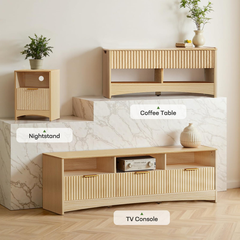 Oak Fluted TV Stand for 65 inch TV with Drawers W199