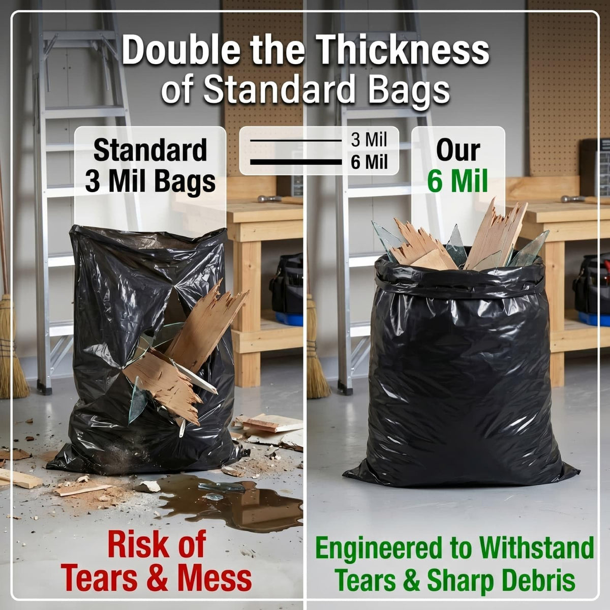 6 Mil Heavy Duty Contractor Trash Bags, 50/55/60 Gallon, Black, 20 Pack G72623