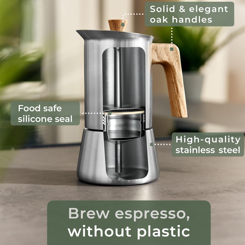 Stainless Steel Moka Pot 10oz Oak Wood Handle Stovetop Espresso Maker M737638