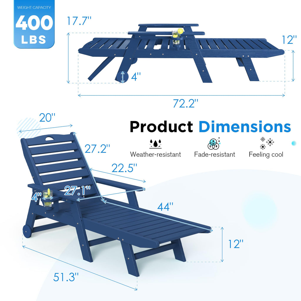 Set of 2 Outdoor Chaise Lounge Chairs with Wheels & Cup Holder A541