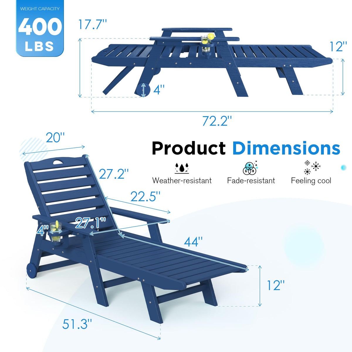 Set of 2 Outdoor Chaise Lounge Chairs with Wheels & Cup Holder A541