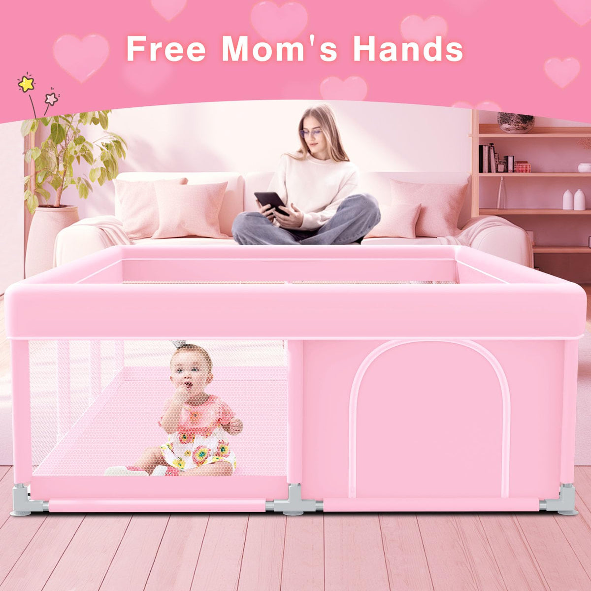 Pink Baby Playpen 74x50 Inches with Mesh U3305