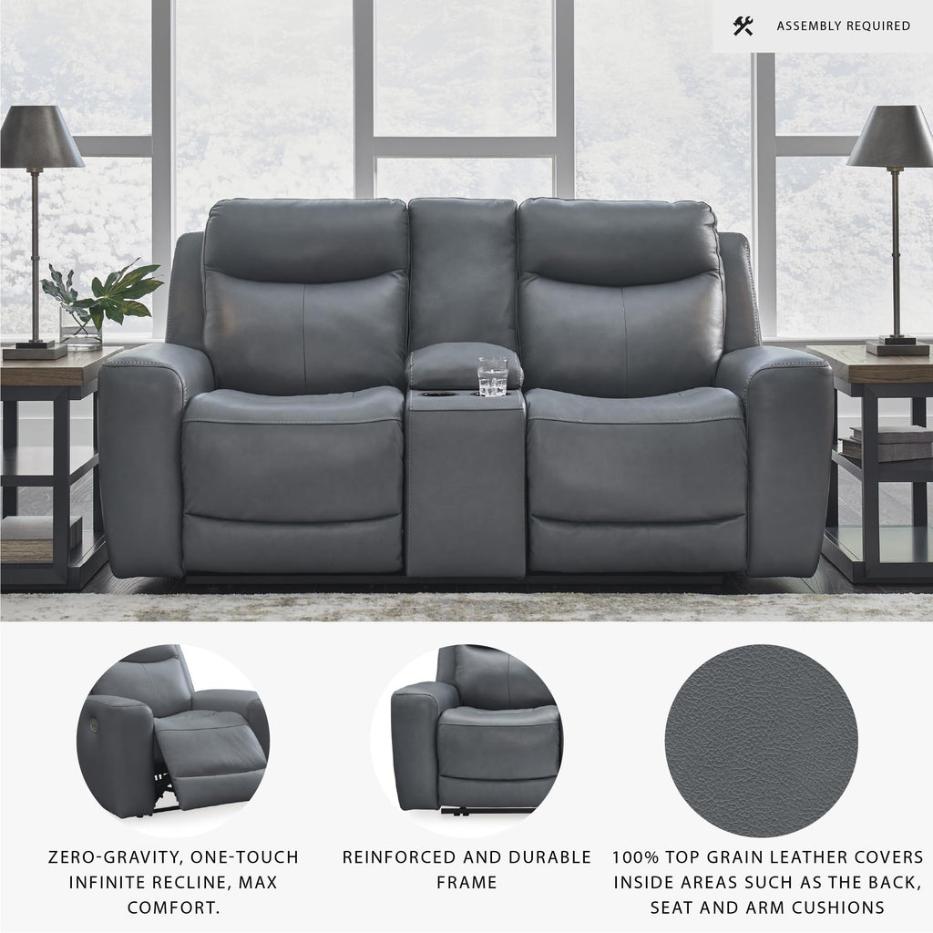 Gray Leather Match Power Reclining Loveseat with Console S1413