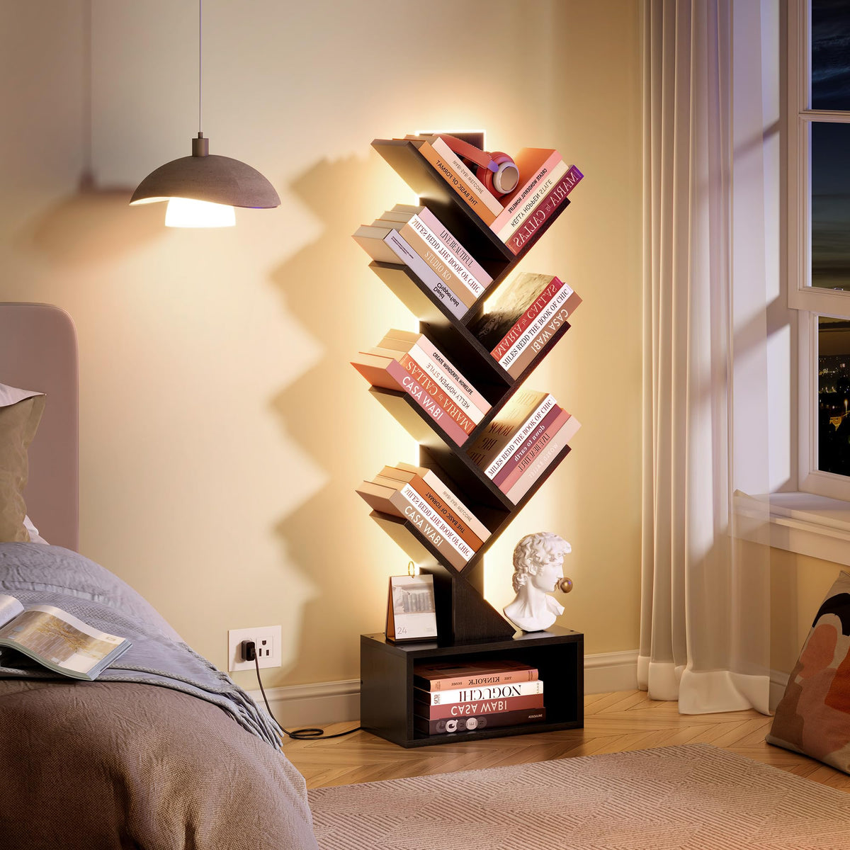 6 Tier Tree Bookshelf with Drawer and LED Lights Q678622