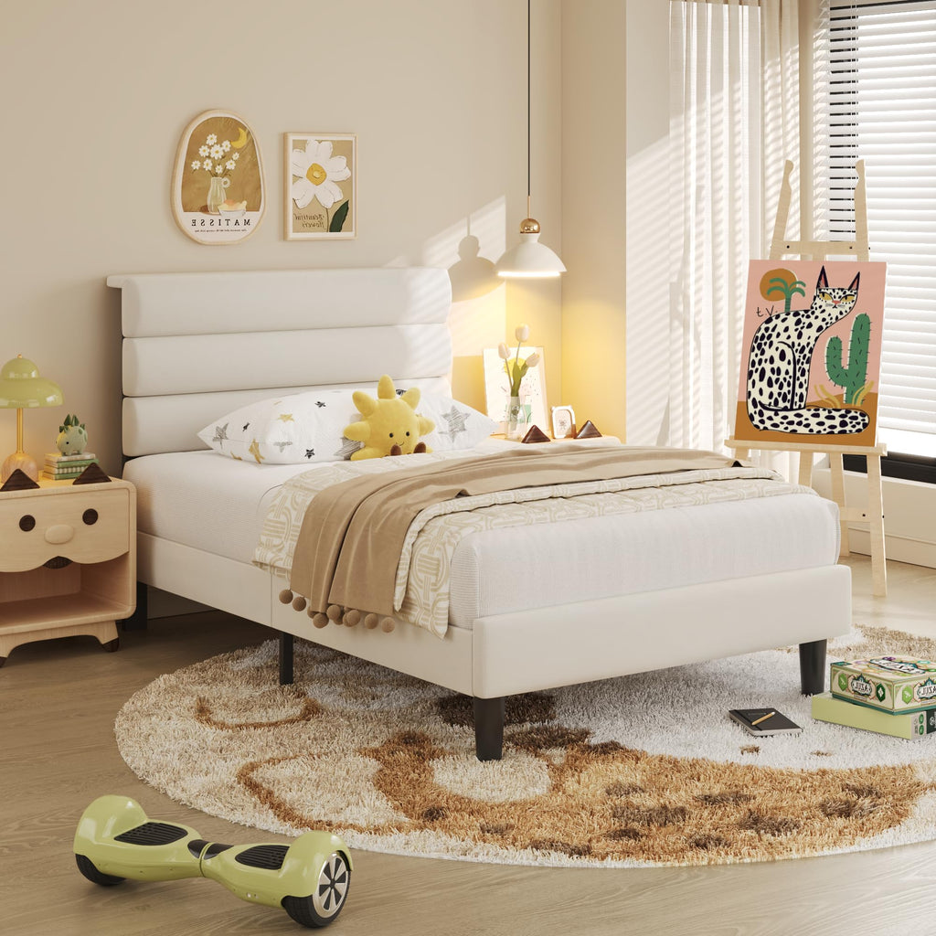Beige Velvet Upholstered Twin Platform Bed Frame P20594