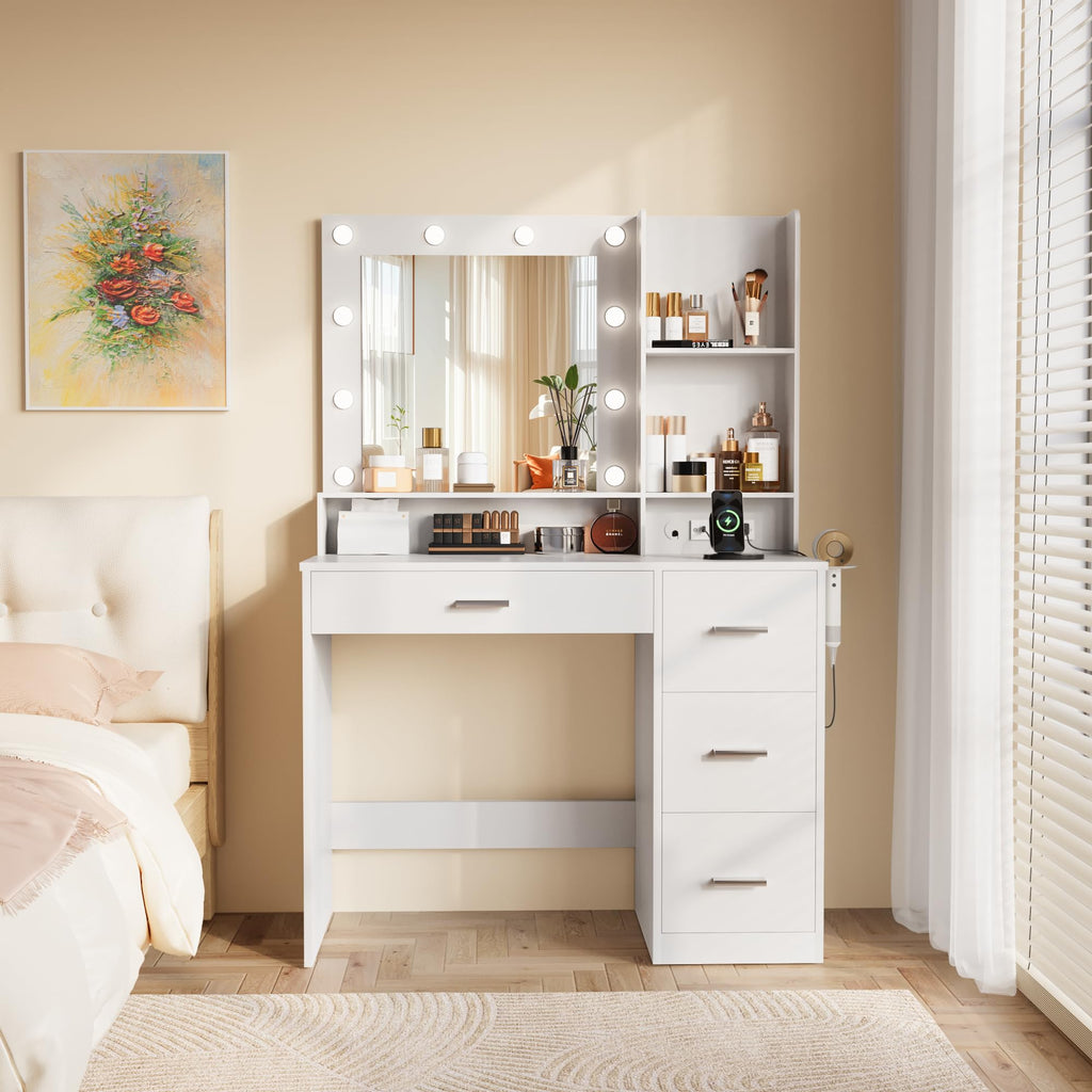White Vanity Desk with Lighted Mirror and 4 Drawers T512413