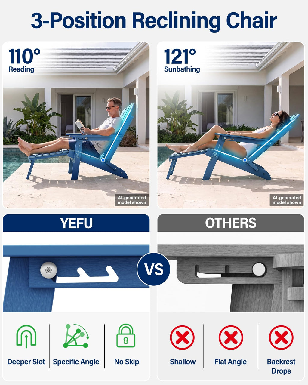 Blue HDPE Adirondack Chairs with Footrest Set of 4 D3554