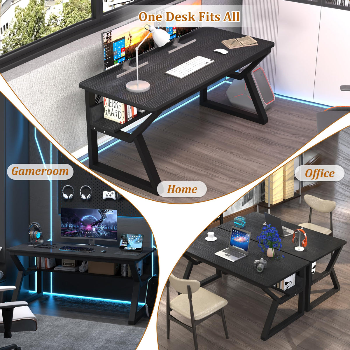47 inch Black Computer Desk with Storage Shelf P22467