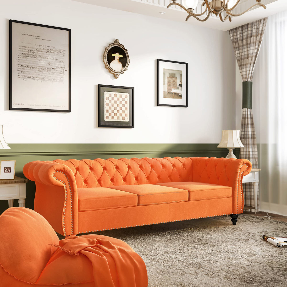 Velvet 3 Seater Tufted Sofa with Rolled Arms F608