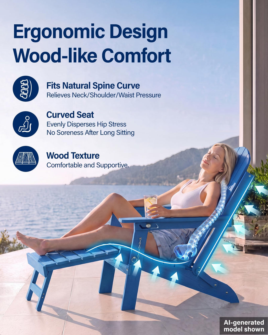 Blue HDPE Adirondack Chairs with Footrest Set of 4 D3554