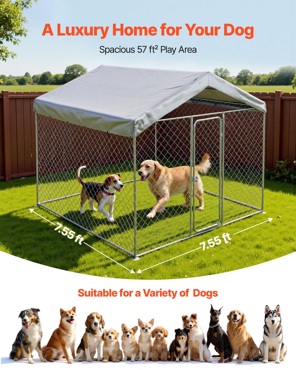 7.55 x 7.55 x 7.05 ft Outdoor Dog Kennel with Roof Cover I1940