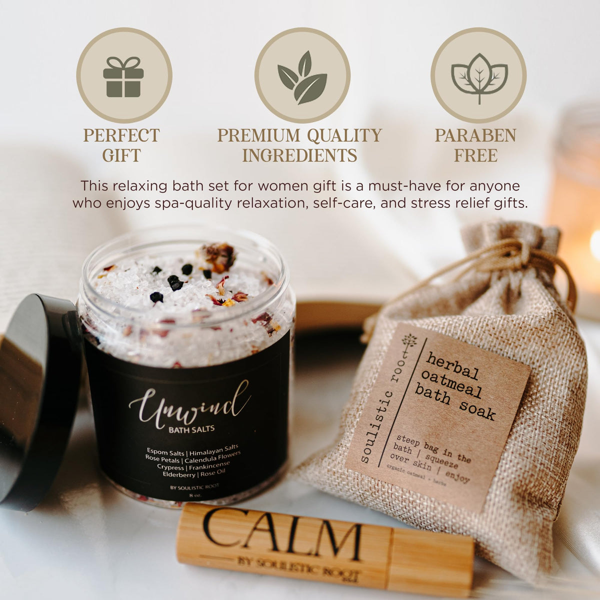 Bath Gift Set with Essential Oil Roller, Bath Salts & Oatmeal Bath Soak S46884
