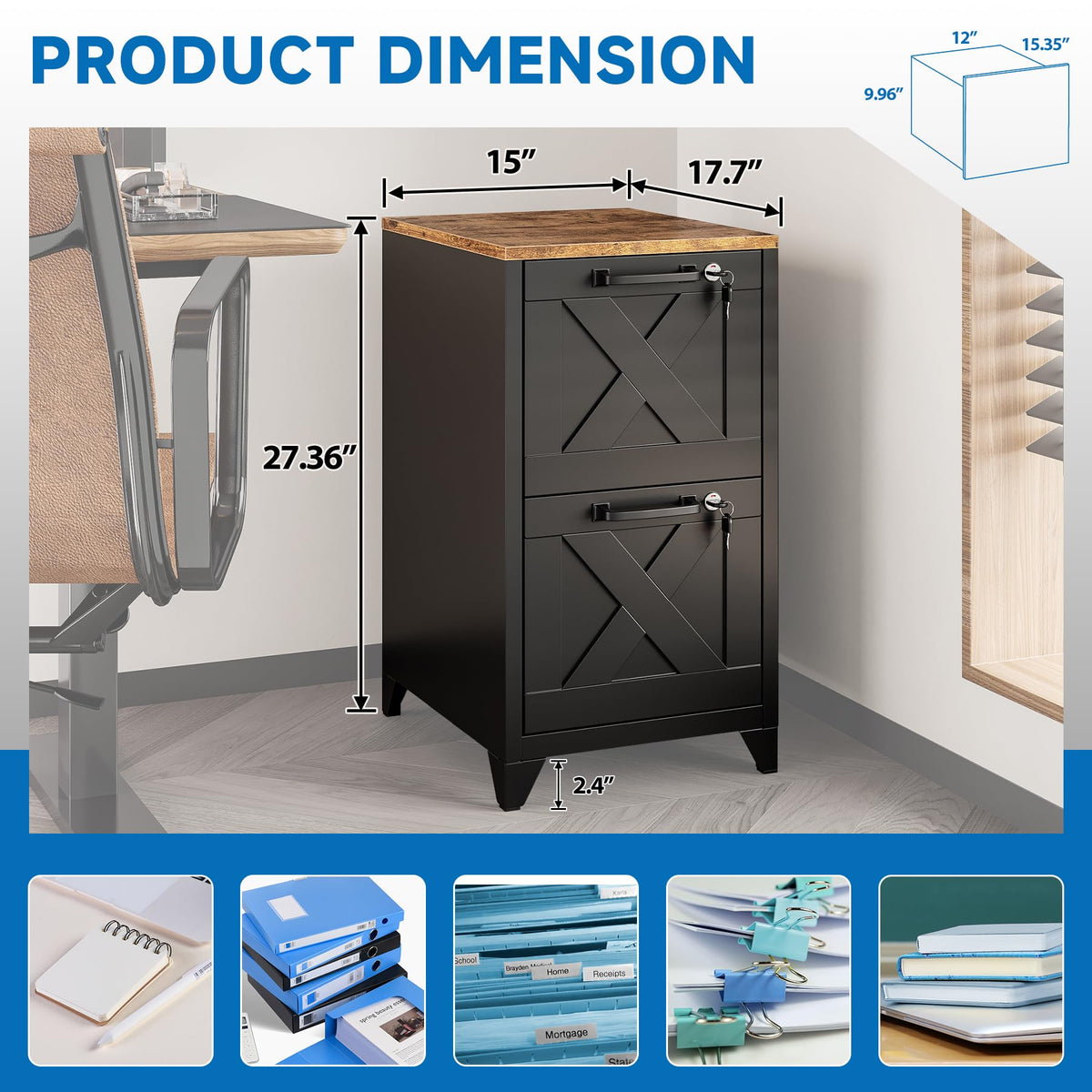 Black 2 Drawer Steel File Cabinet with Lock W41844