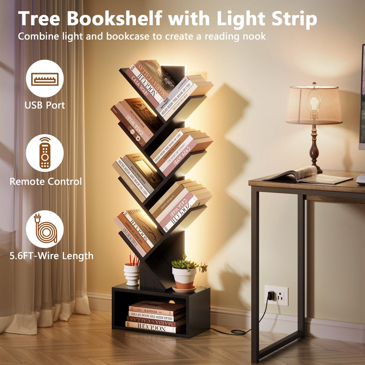 6 Tier Tree Bookshelf with Drawer and LED Lights Q678622
