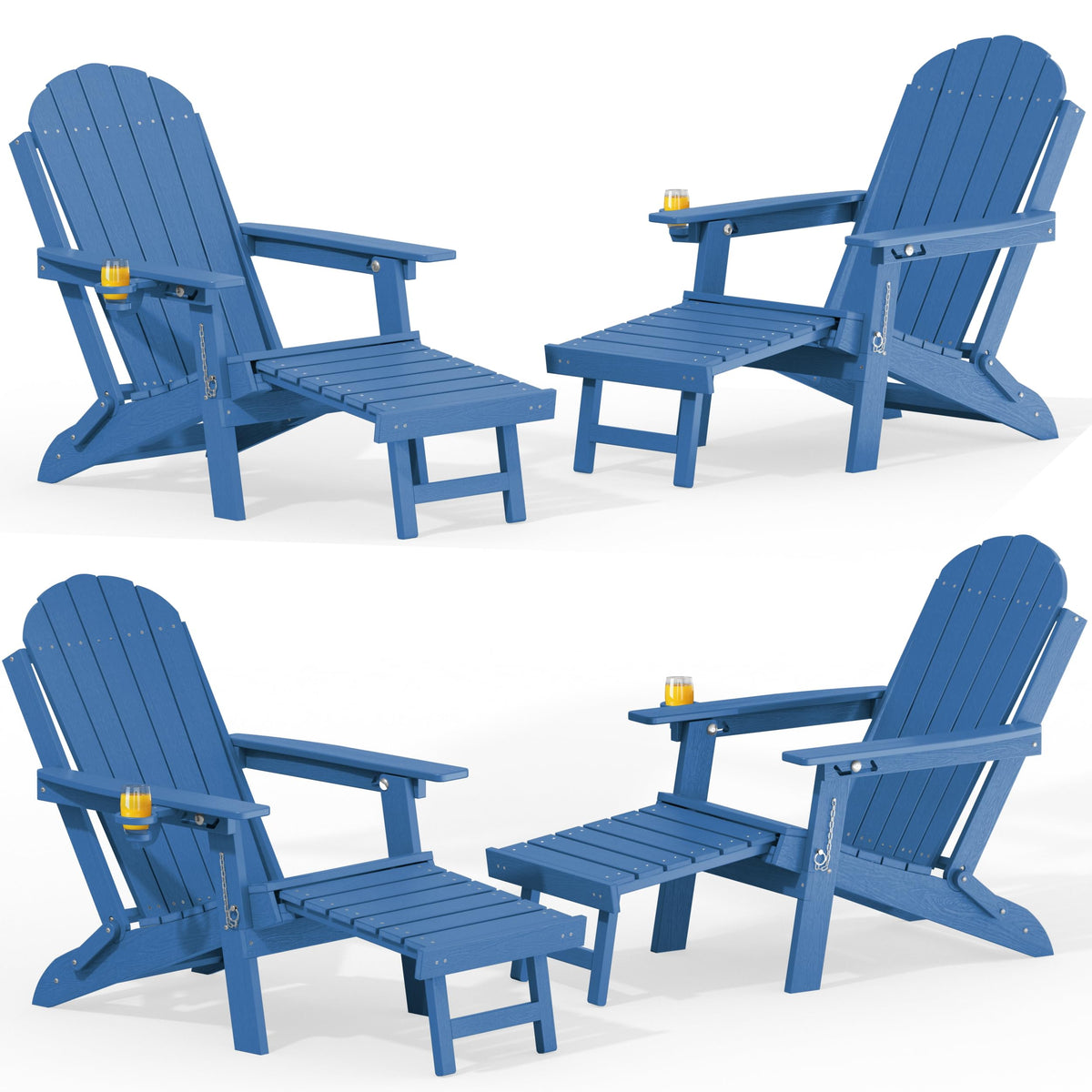 Blue HDPE Adirondack Chairs with Footrest Set of 4 D3554