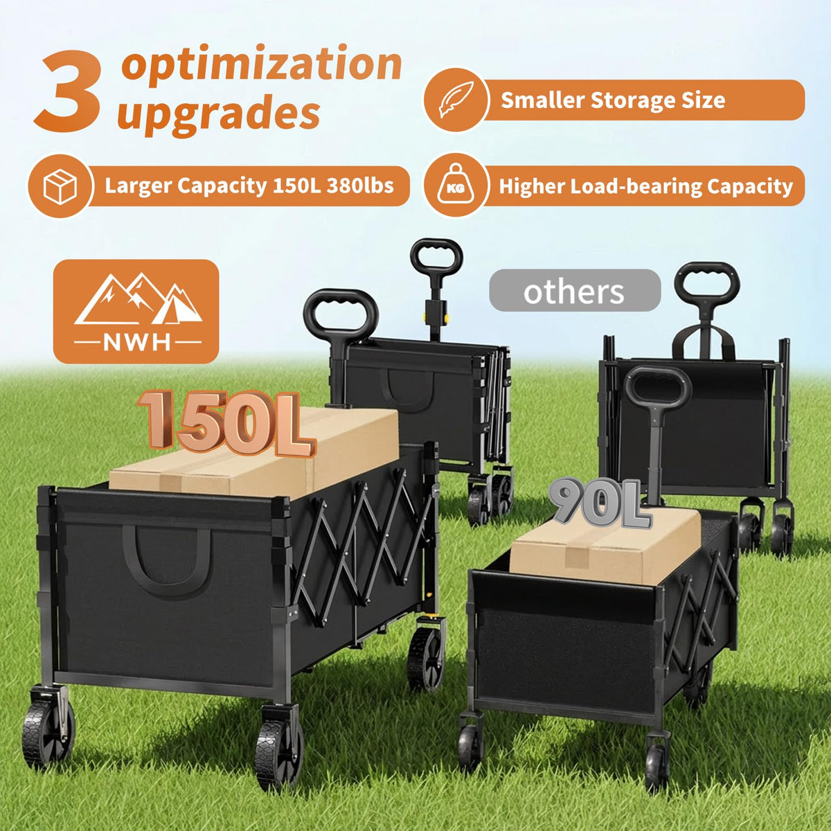34'' Extra Long Collapsible Wagon, 380lbs Heavy Duty Utility Cart with All-Terrain Wheels B240
