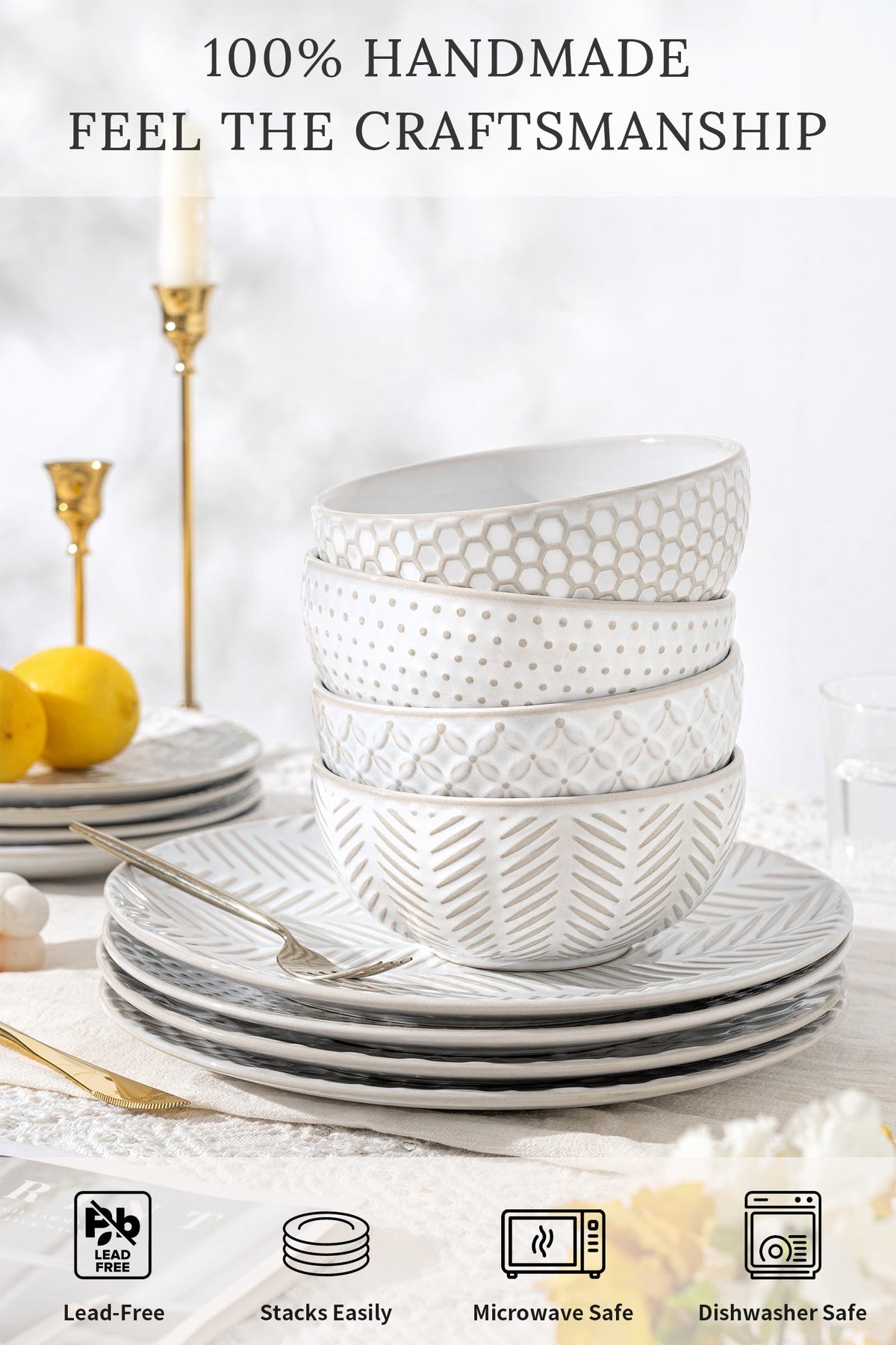 12 Piece Embossed Stoneware Dinnerware Sets for 4 P10373