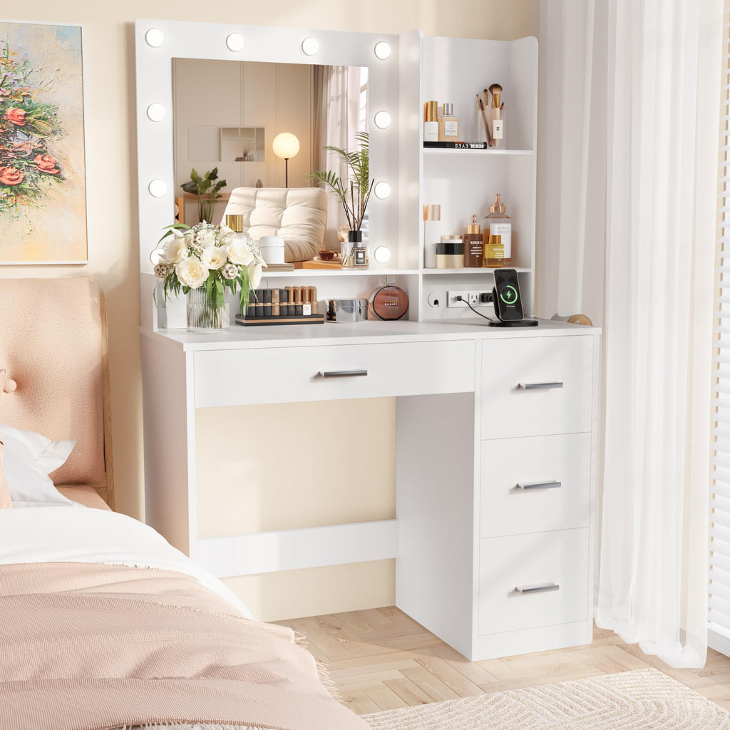 White Vanity Desk with Lighted Mirror and 4 Drawers T512413