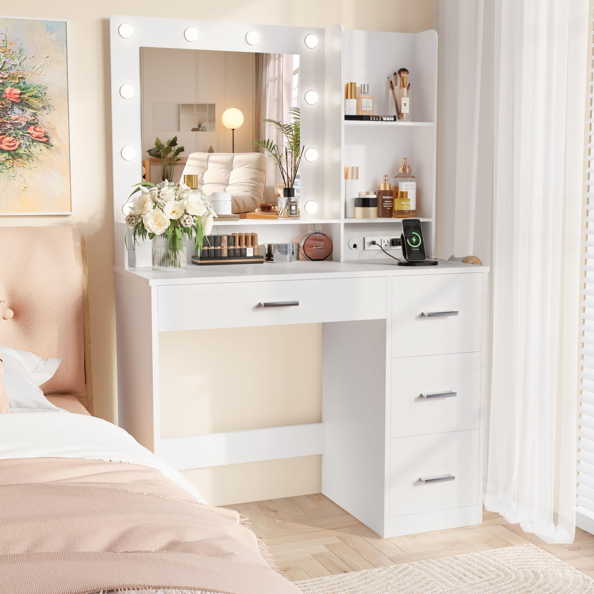 White Vanity Desk with Lighted Mirror and 4 Drawers T512413
