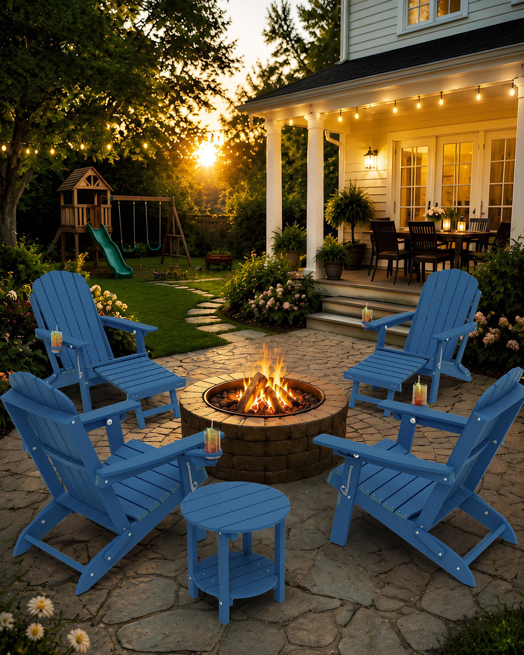 Blue HDPE Adirondack Chairs with Footrest Set of 4 D3554