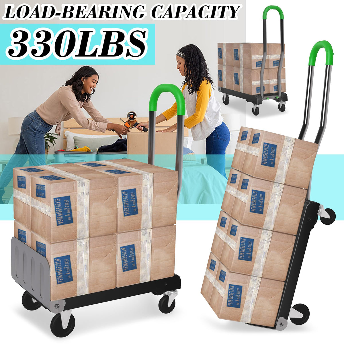 2-in-1 Convertible Hand Truck Dolly, 330LBS Capacity, Foldable Black & Dill Green X28935