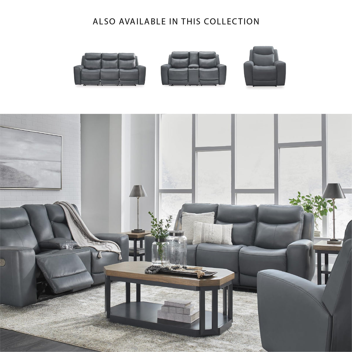 Gray Leather Match Power Reclining Loveseat with Console S1413