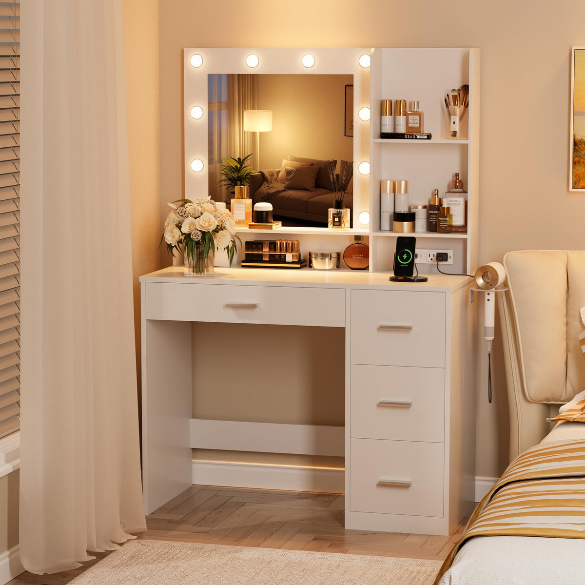 White Vanity Desk with Lighted Mirror and 4 Drawers T512413