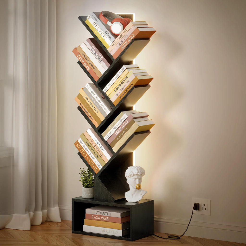 6 Tier Tree Bookshelf with Drawer and LED Lights Q678622