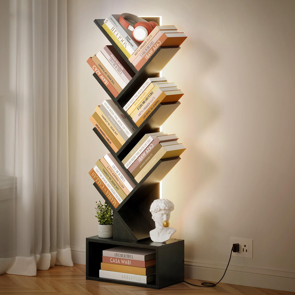 6 Tier Tree Bookshelf with Drawer and LED Lights Q678622