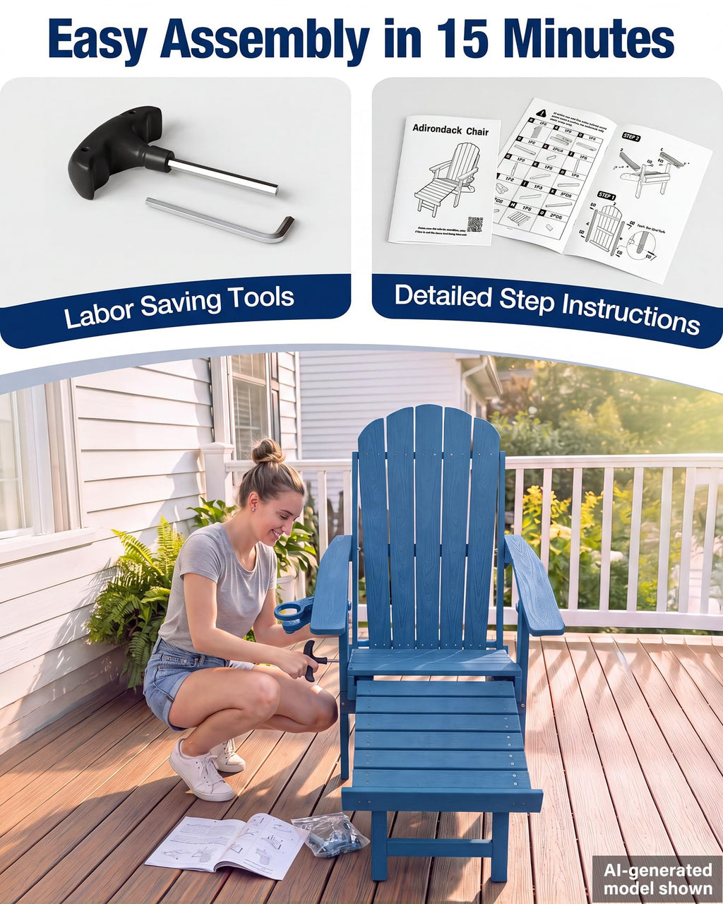 Blue HDPE Adirondack Chairs with Footrest Set of 4 D3554