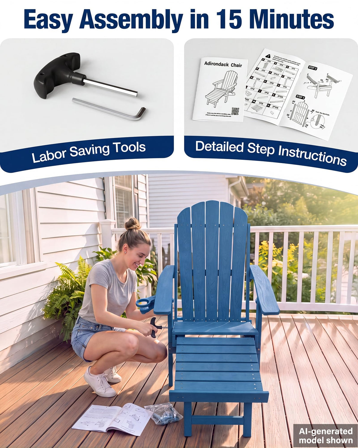 Blue HDPE Adirondack Chairs with Footrest Set of 4 D3554