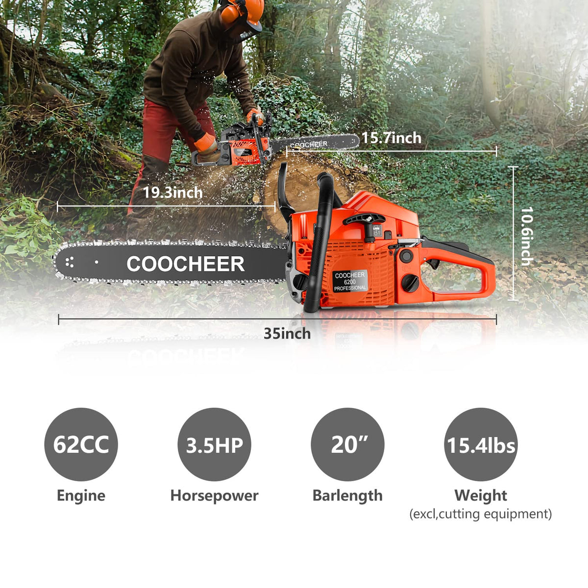62CC 20 Inch 2-Cycle Gas Chainsaw with Carrying Bag E461514