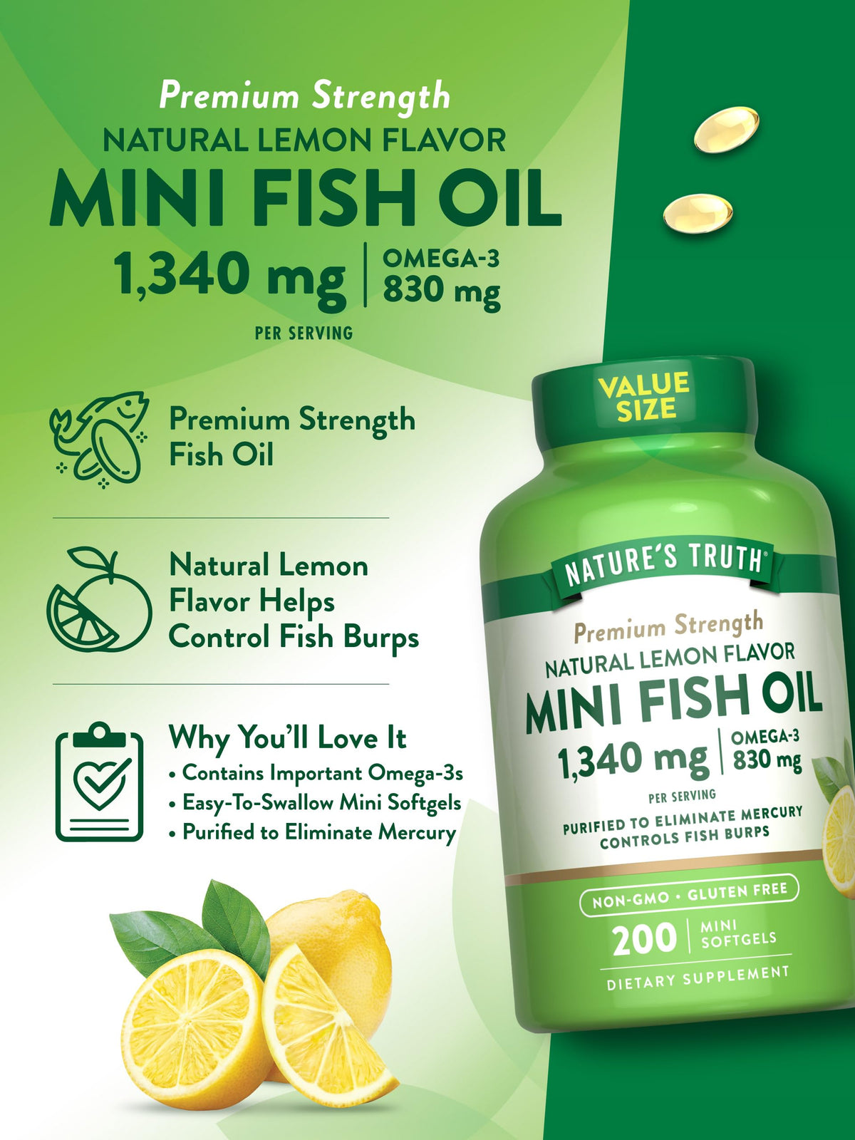 Fish Oil Omega 3 1340 mg 200 Mini Softgels H45822